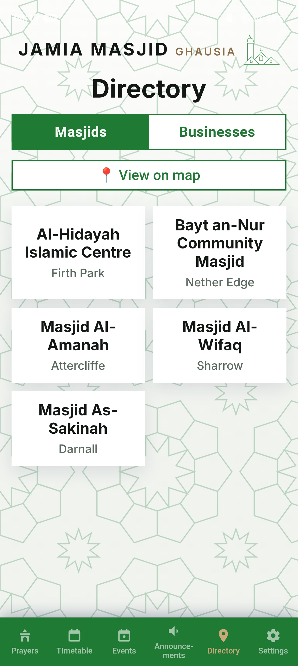 Masjid and business directory screen