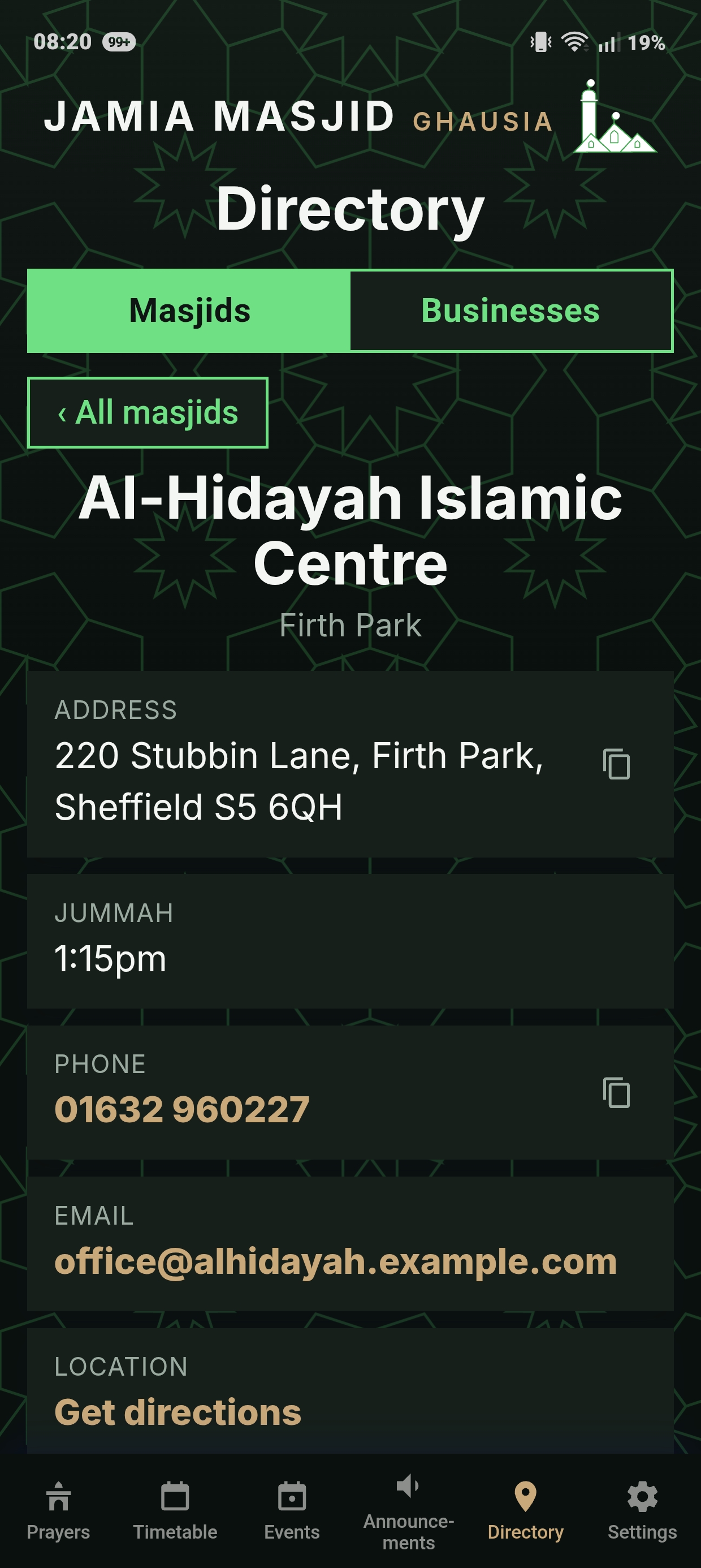 Masjid and business directory screen