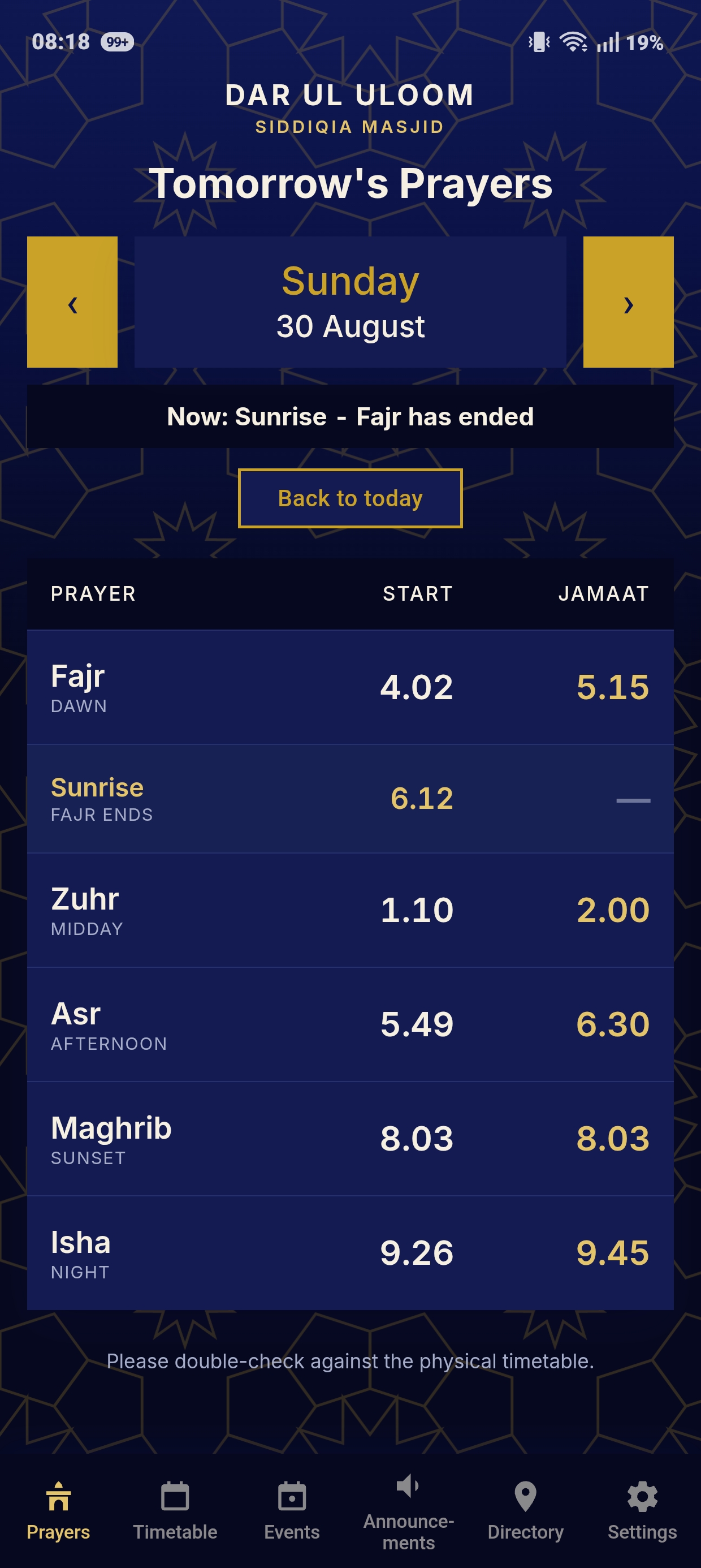 Monthly timetable screen
