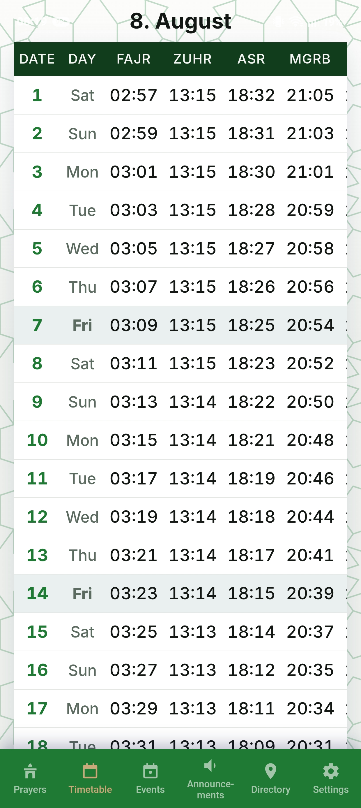 Monthly timetable screen