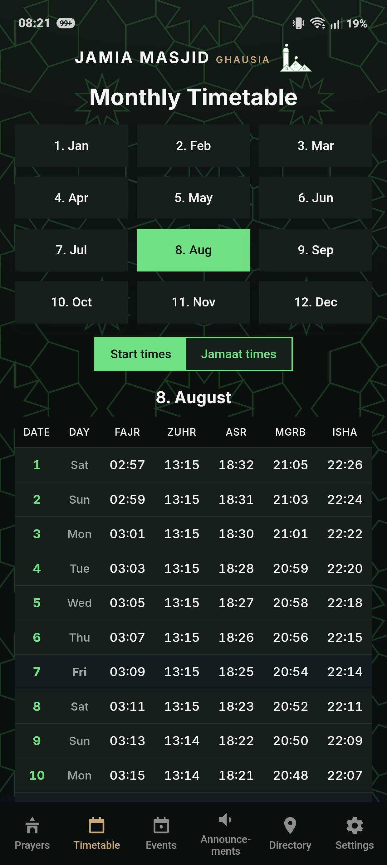 Monthly timetable screen
