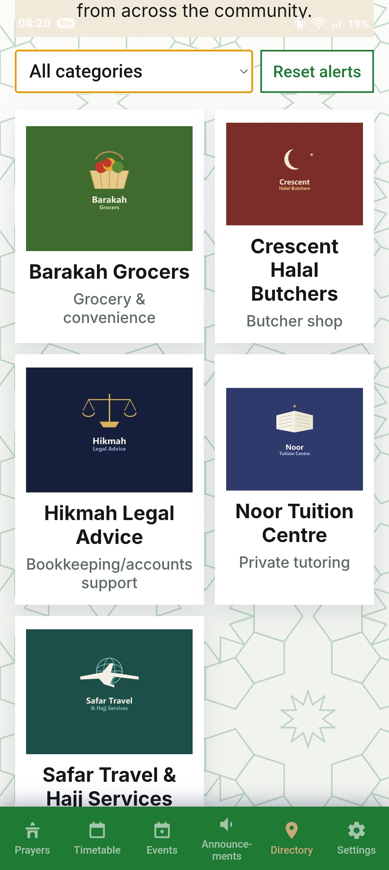 Directory screen showing a business listing