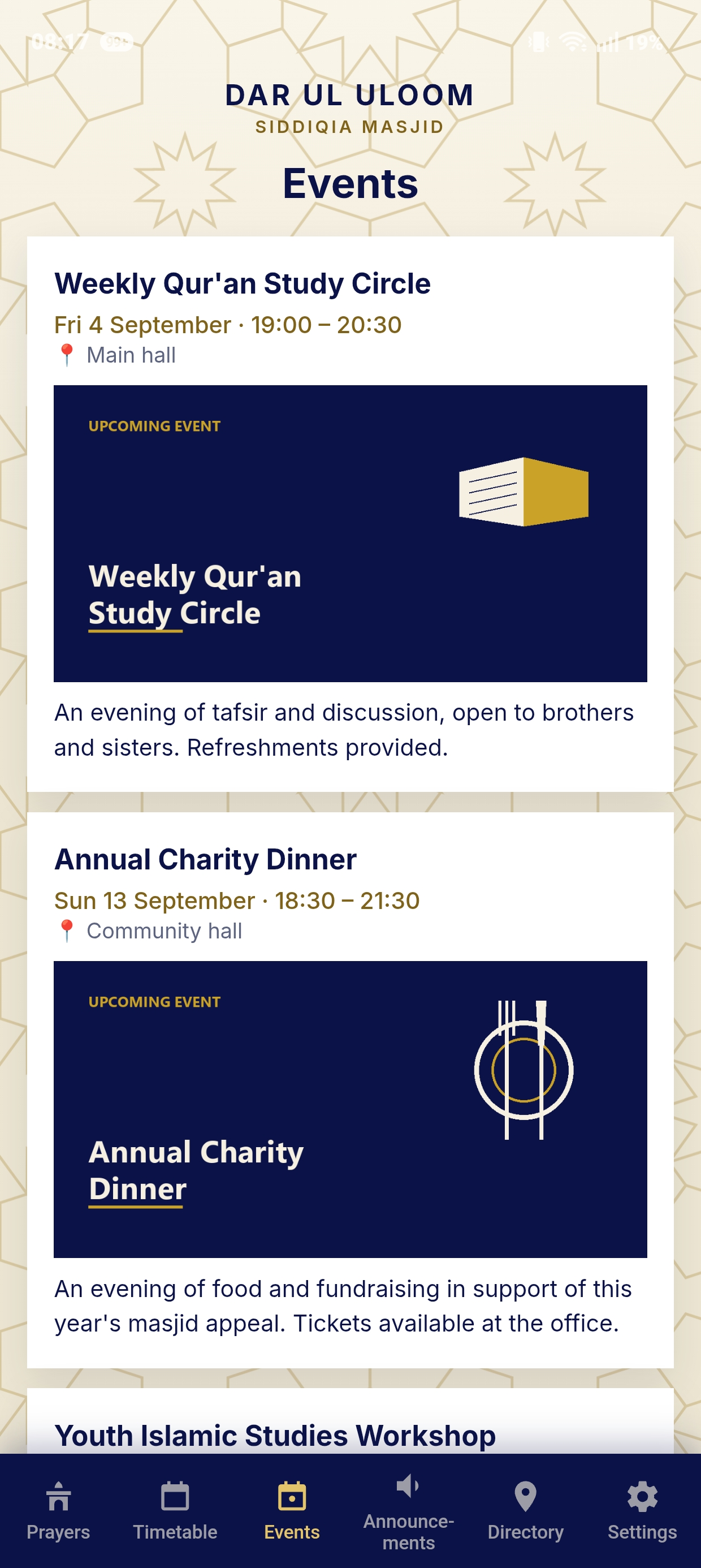 Branded masjid app screen