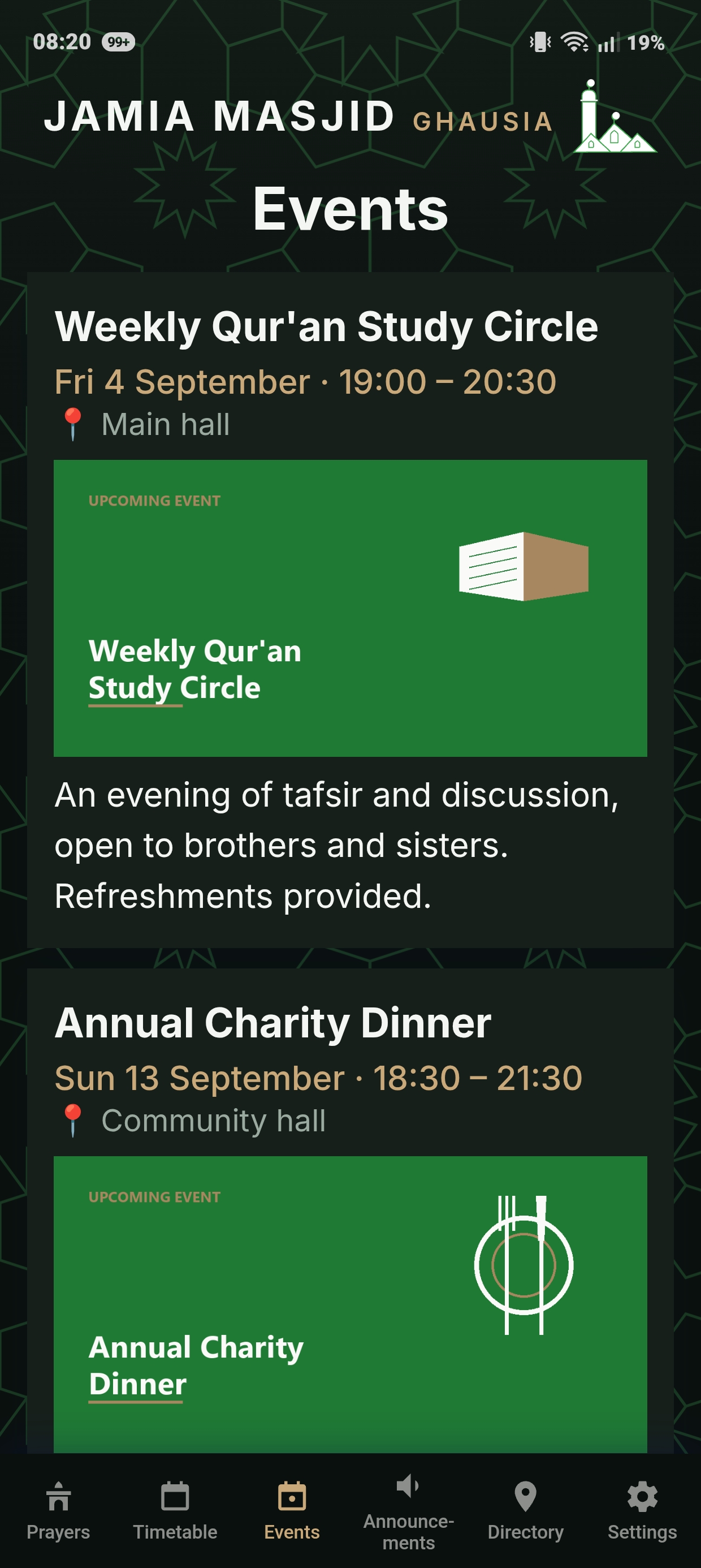 Branded masjid app screen