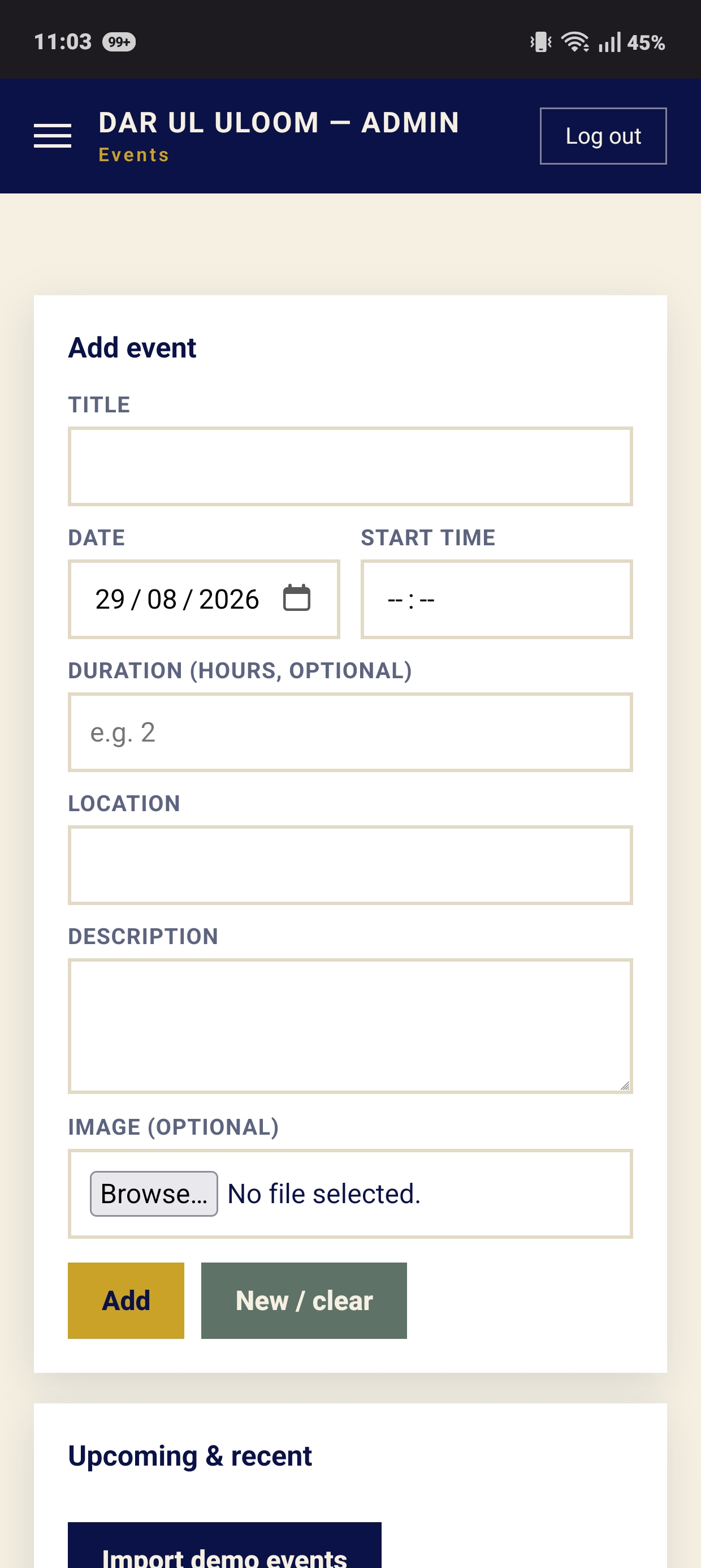 Events control-panel screen