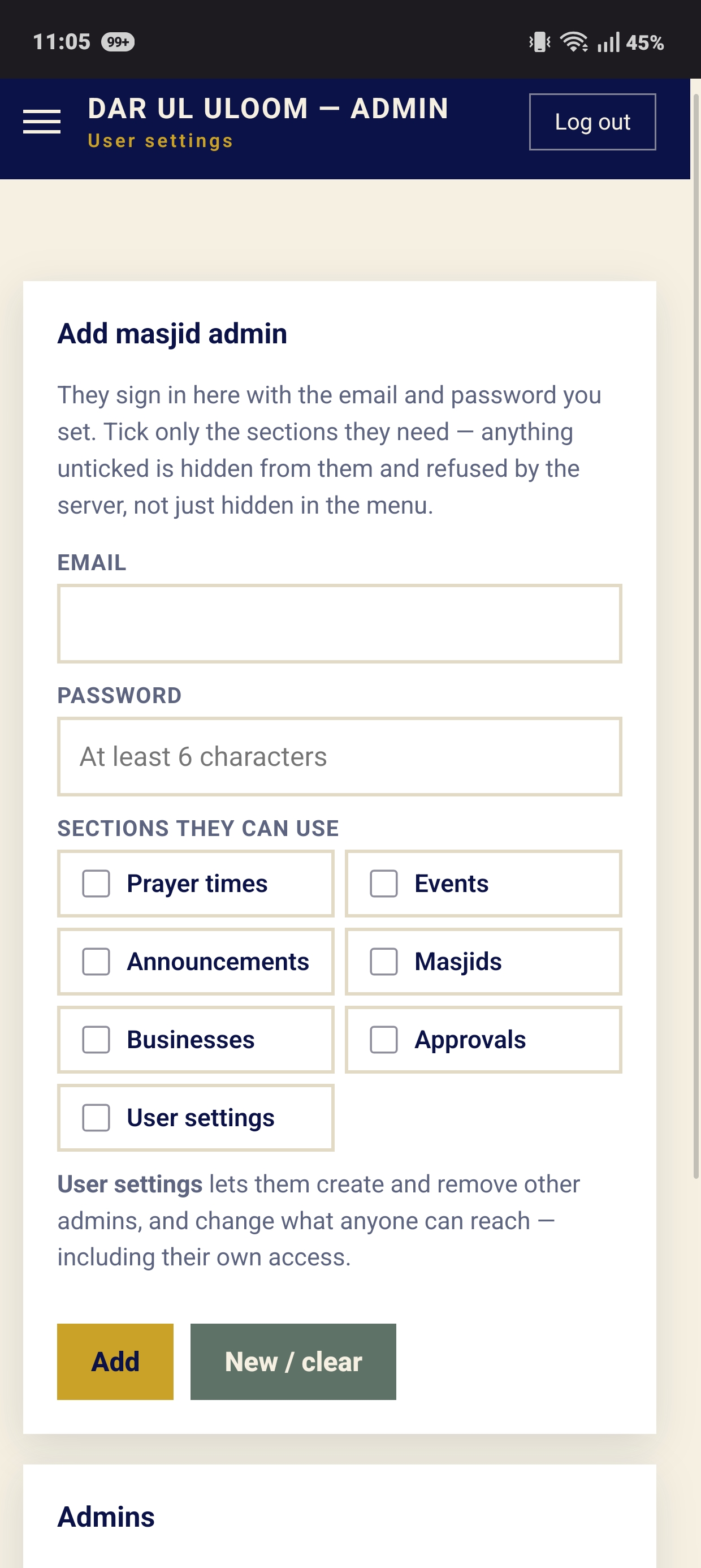 User settings control-panel screen